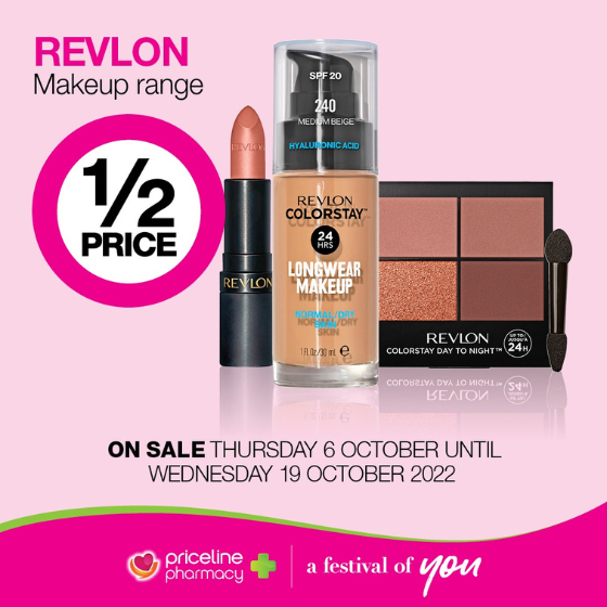 <p>Priceline has all your health, beauty and wellbeing needs covered.</p>
<p>Right now, explore the Revlon Colorstay Liquid Foundation with Hyaluronic Acid to boost skin moisture and hydration!</p>
<p>SAVE 1/2 price on the Revlon Makeup range, for an all day natural glow.</p>
<p>Head in store today, these offers end Wednesday 19 October.</p>
<p> </p>
