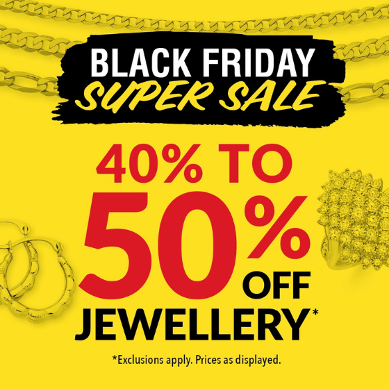 <p>Diamonds, Gold, Pearls, Silver and Watches?</p>
<p>Spoil the ones you love at Prouds The Jewellers Black Friday Super Sale!</p>
<p>With savings of 40-50% off Jewellery and 25% off Watches.</p>
<p>Dreams come true at Prouds this Christmas.</p>
<p>Sale on Now!</p>
